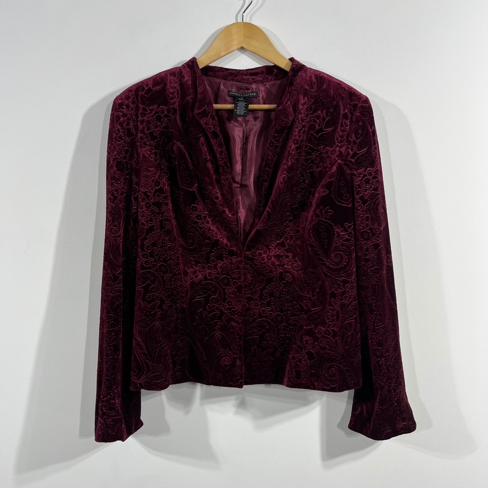 Sandra Darren VTG 90s Burgundy Velvet Paisley Burnout Blazer Jacket Womens 14